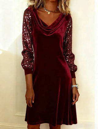 Women's Christmas Dress | Midi Cowl Neck Velvet Sequin Sleeve