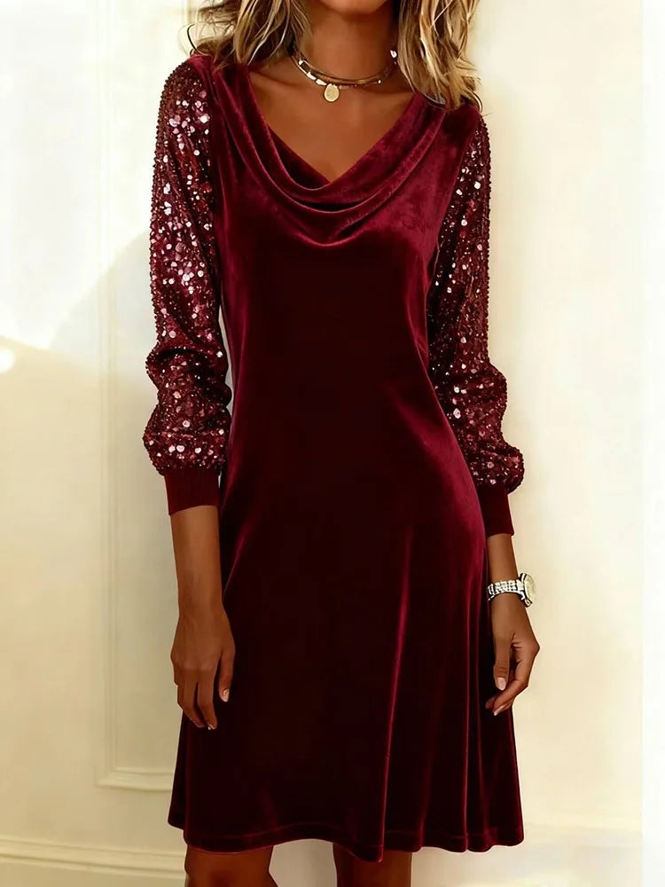Women's Christmas Dress | Midi Cowl Neck Velvet Sequin Sleeve