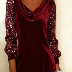 Women's Christmas Dress | Midi Cowl Neck Velvet Sequin Sleeve