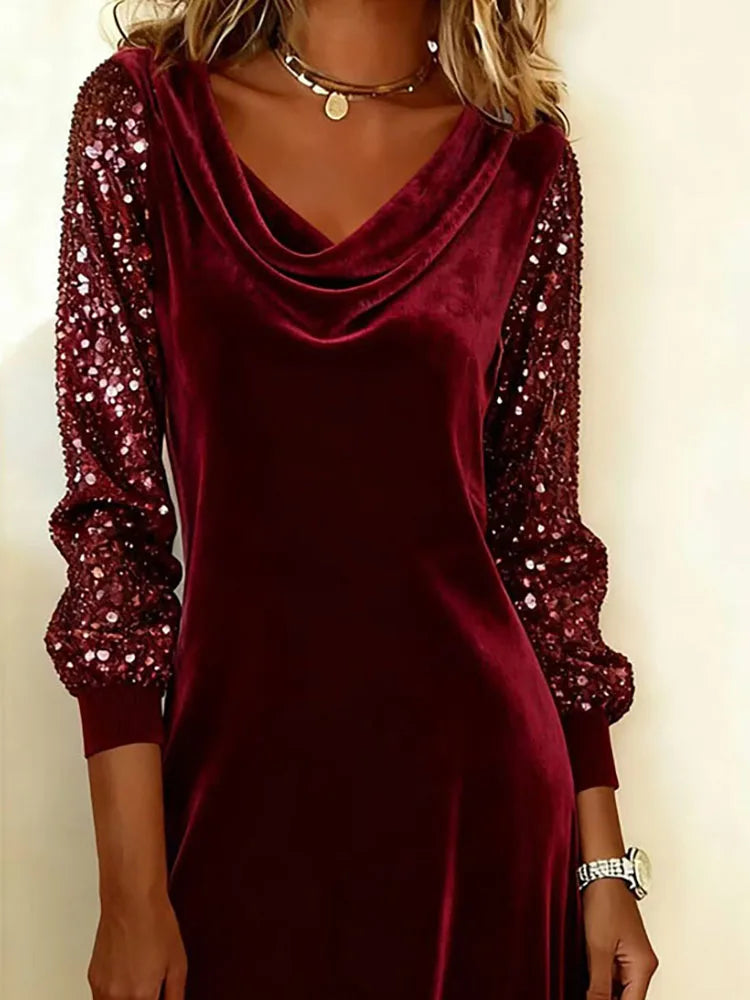 Women's Christmas Dress | Midi Cowl Neck Velvet Sequin Sleeve