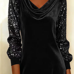 Women's Christmas Dress | Midi Cowl Neck Velvet Sequin Sleeve