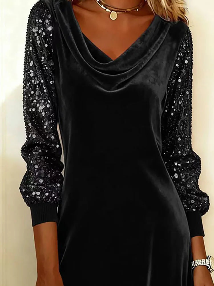 Women's Christmas Dress | Midi Cowl Neck Velvet Sequin Sleeve