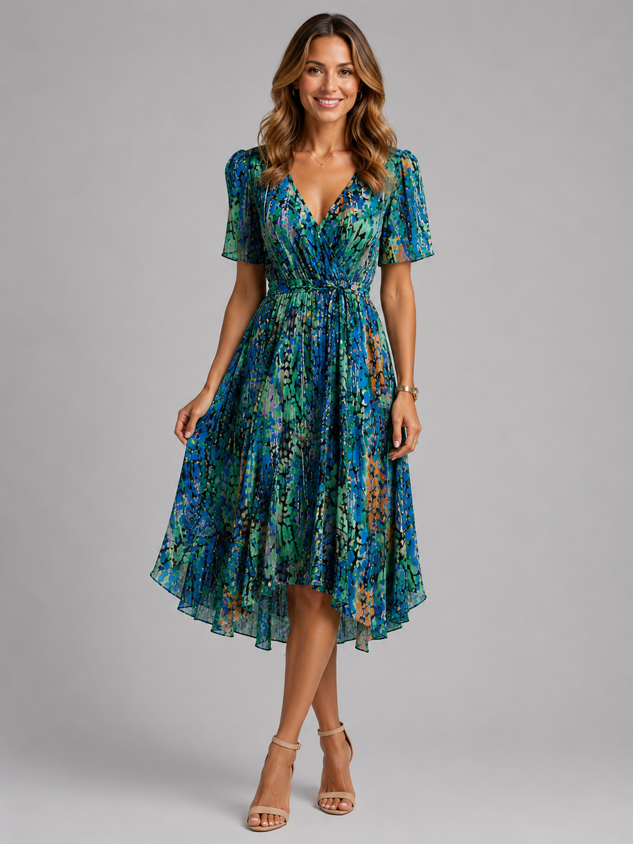 Women's Wrap Dress | Midi Length V-Neck Short Sleeves Floral Print