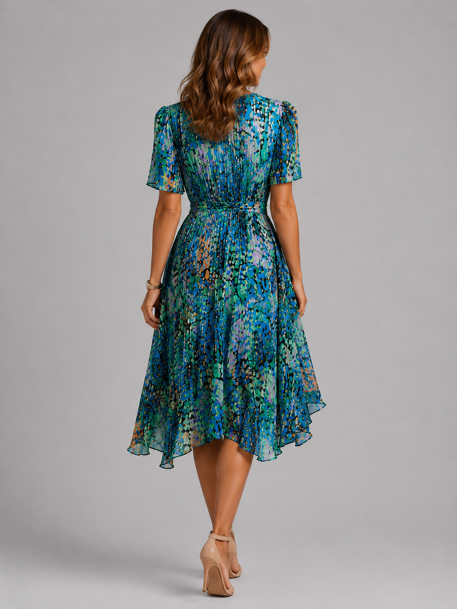 Women's Wrap Dress | Midi Length V-Neck Short Sleeves Floral Print