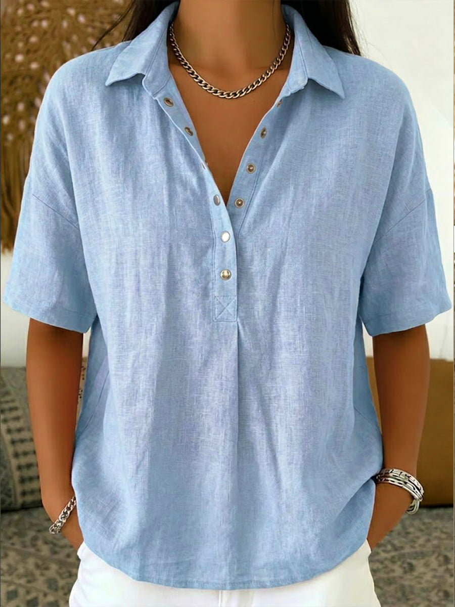 Women's Summer Top | Polo Collar Short Sleeve Cotton Linen