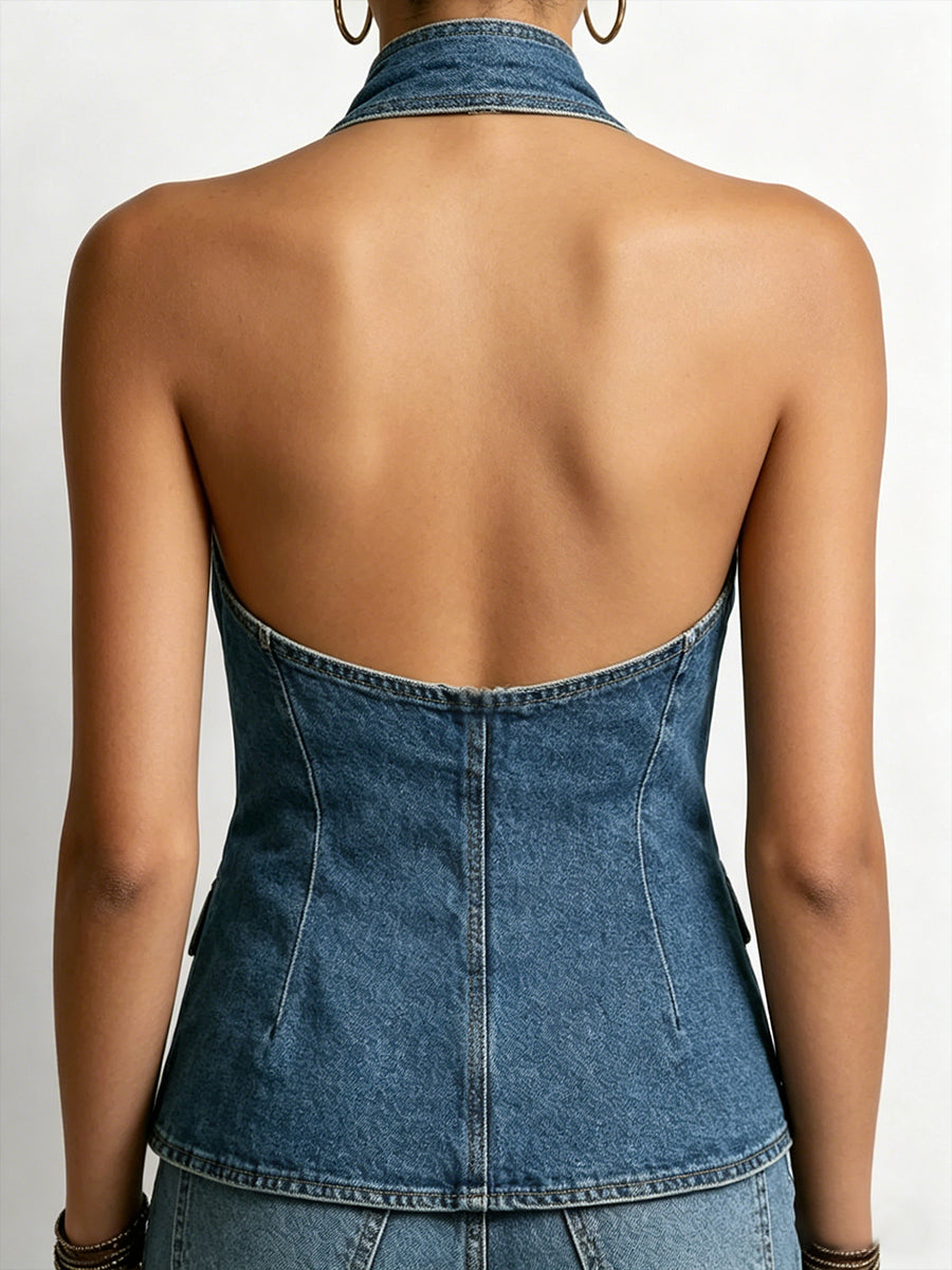 Women's Halter Neck Top | Crossover Denim Button Front Open Back