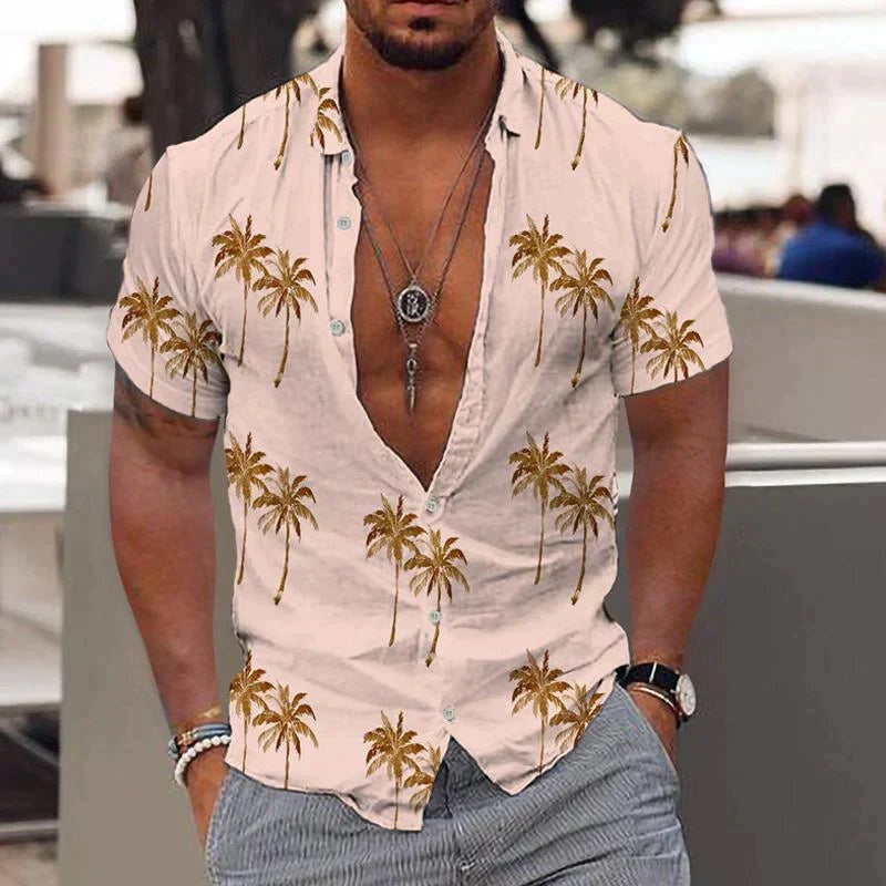 Men's Hawaiian Shirt | Short Sleeve V-Neck Button Closure Palm Print