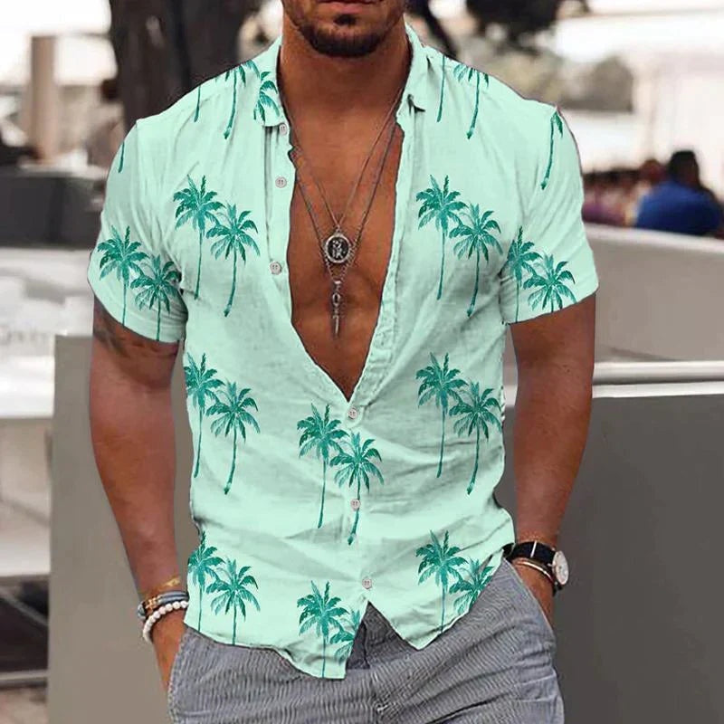 Men's Hawaiian Shirt | Short Sleeve V-Neck Button Closure Palm Print