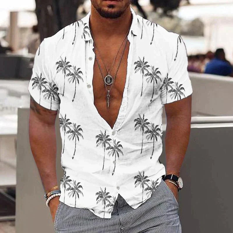 Men's Hawaiian Shirt | Short Sleeve V-Neck Button Closure Palm Print
