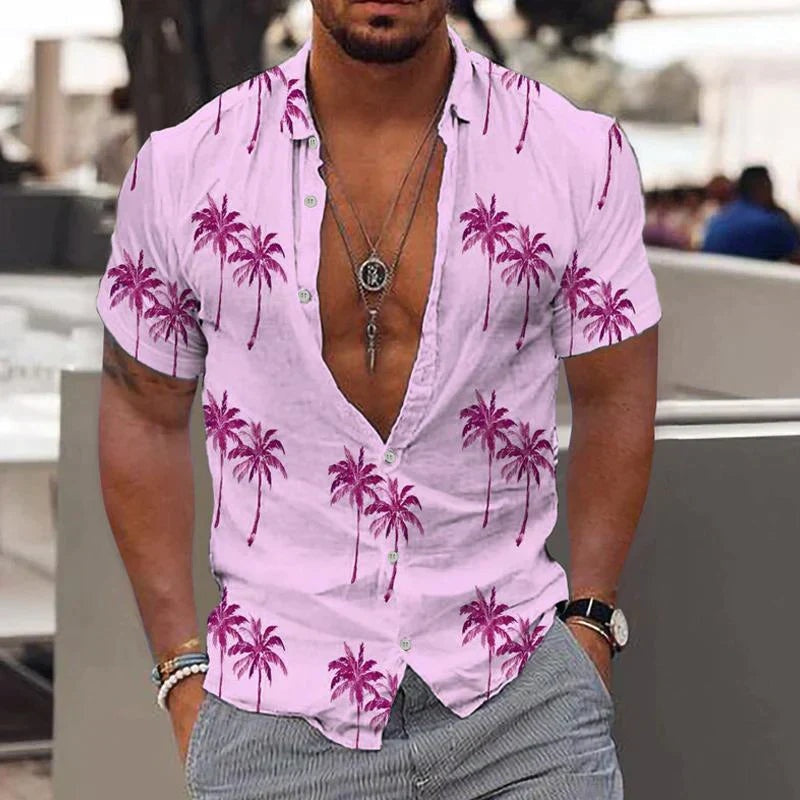 Men's Hawaiian Shirt | Short Sleeve V-Neck Button Closure Palm Print