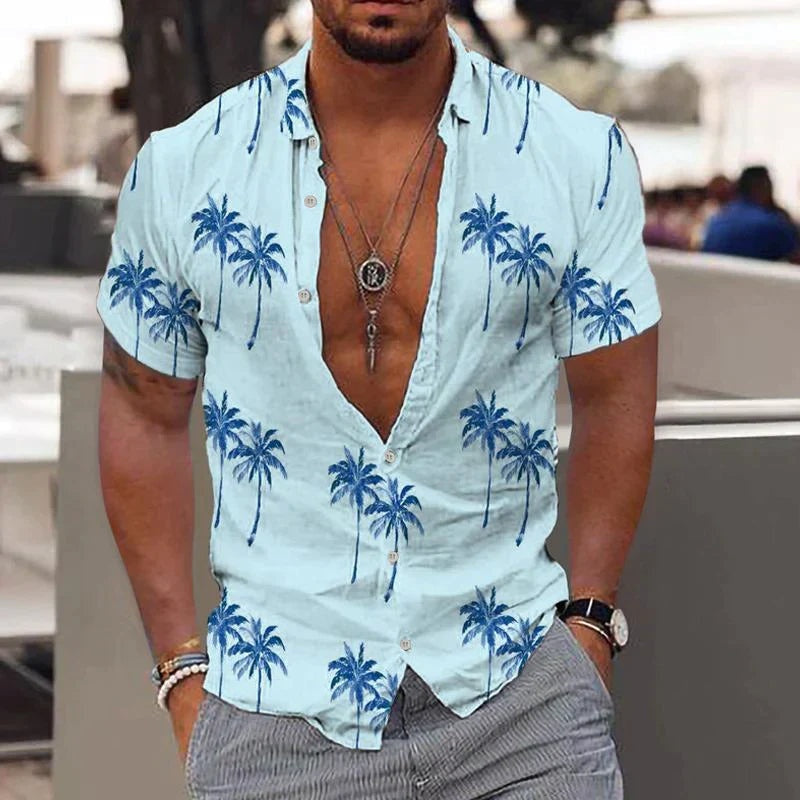 Men's Hawaiian Shirt | Short Sleeve V-Neck Button Closure Palm Print